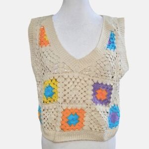 REBELLION Again Cream crochet vest top with floral embroidery. Size XS